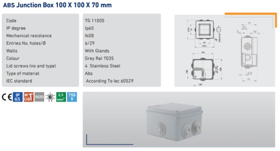 ABS Junction Box 100x100x70 mm